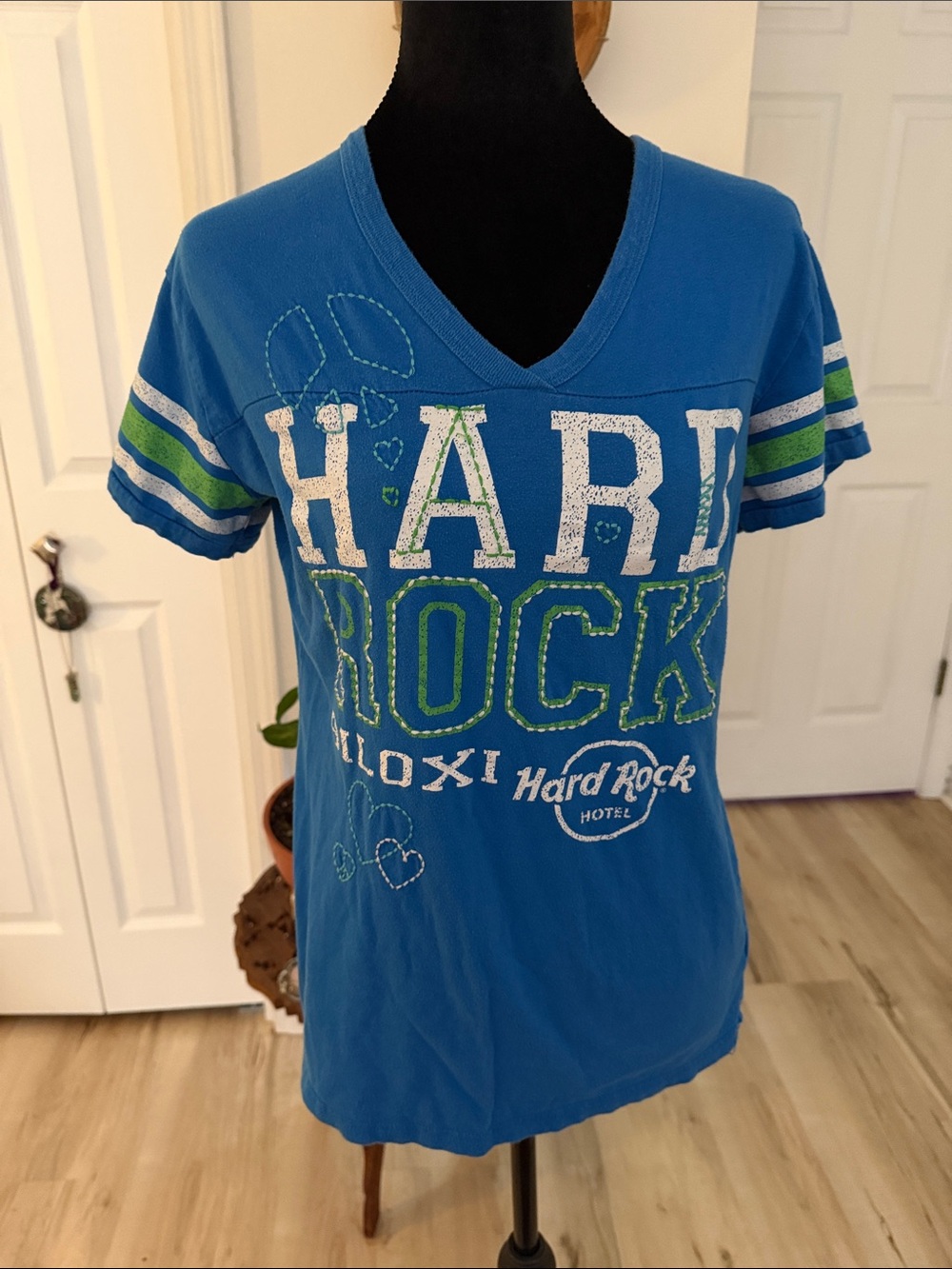 Hard Rock Cafe Blue V-Neck Tee with Green & White Accents